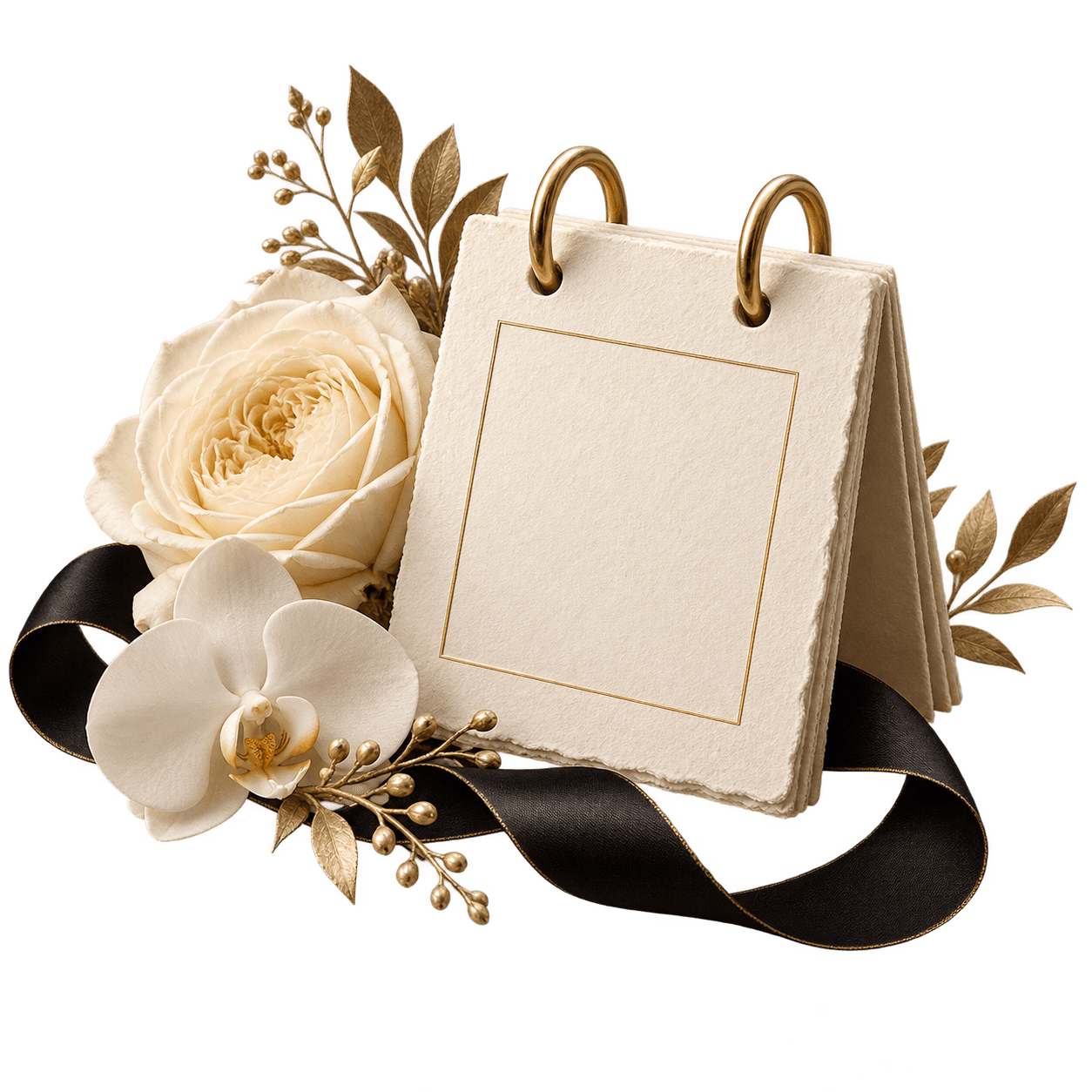 Handmade ivory calendar with flowers and black silk