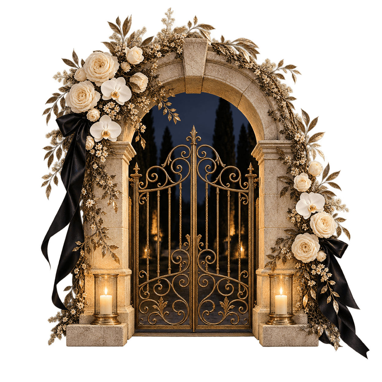 Candlelit garden gate framed by ivory flowers