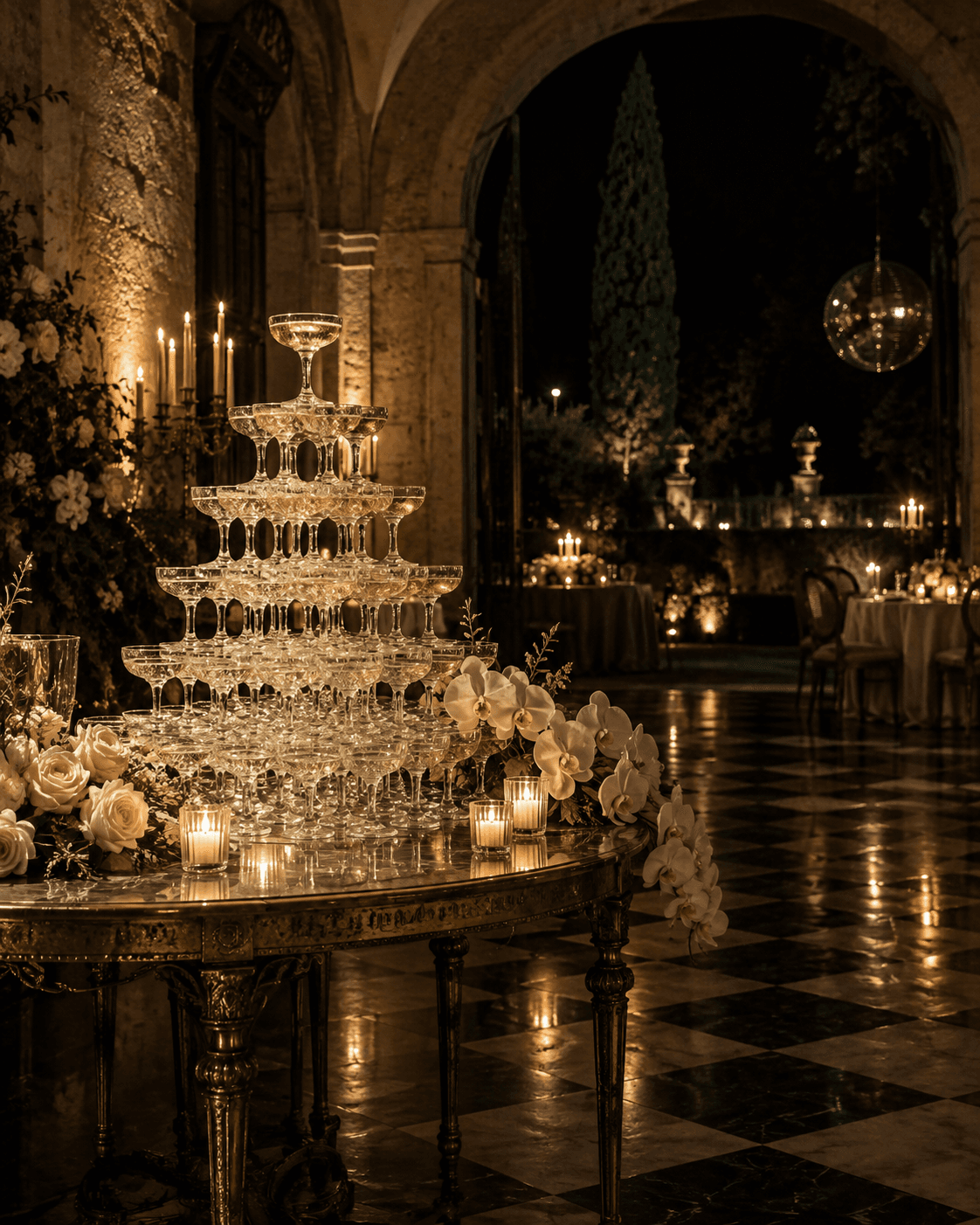 Champagne tower in a candlelit stone ballroom