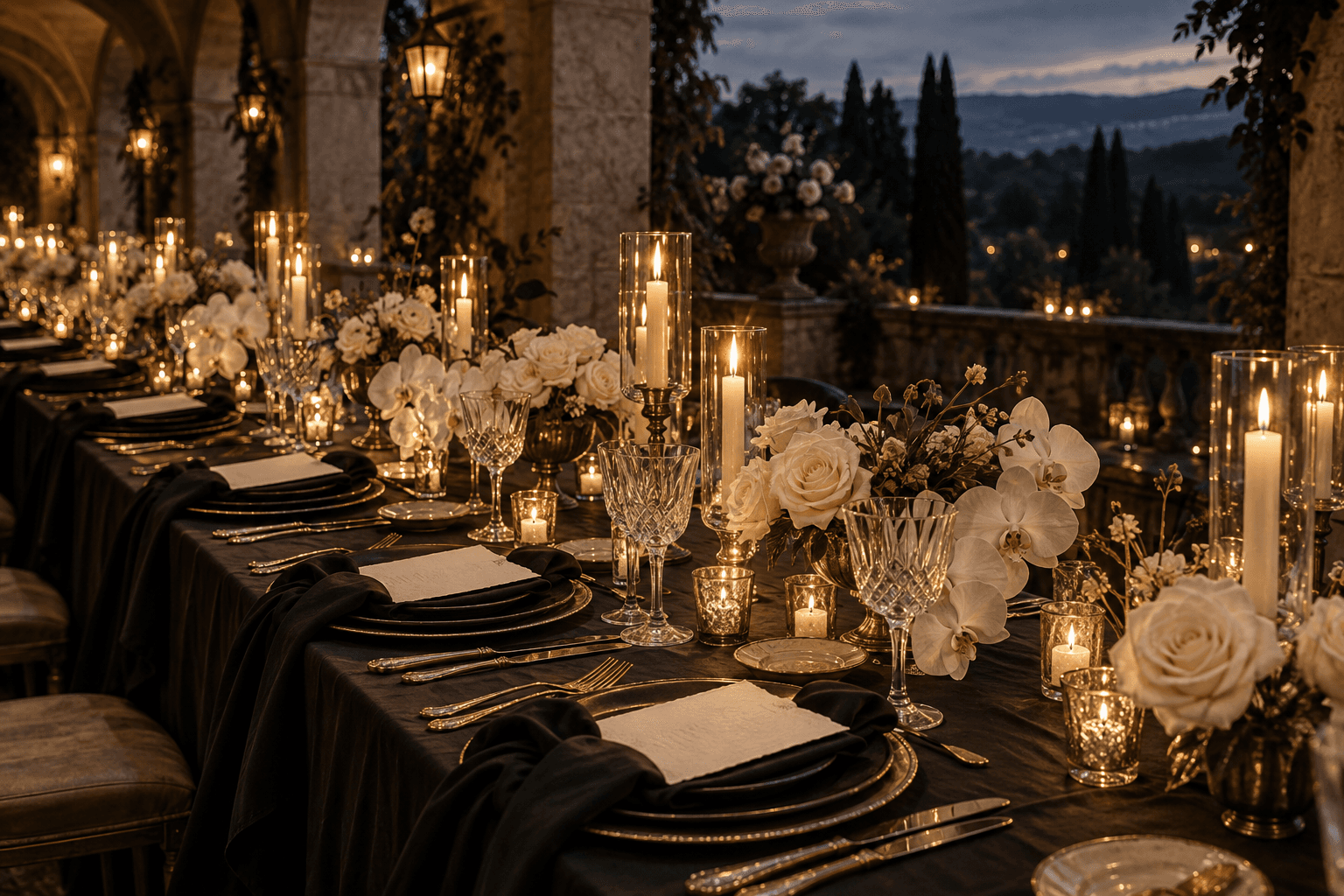 Candlelit wedding table on a European terrace