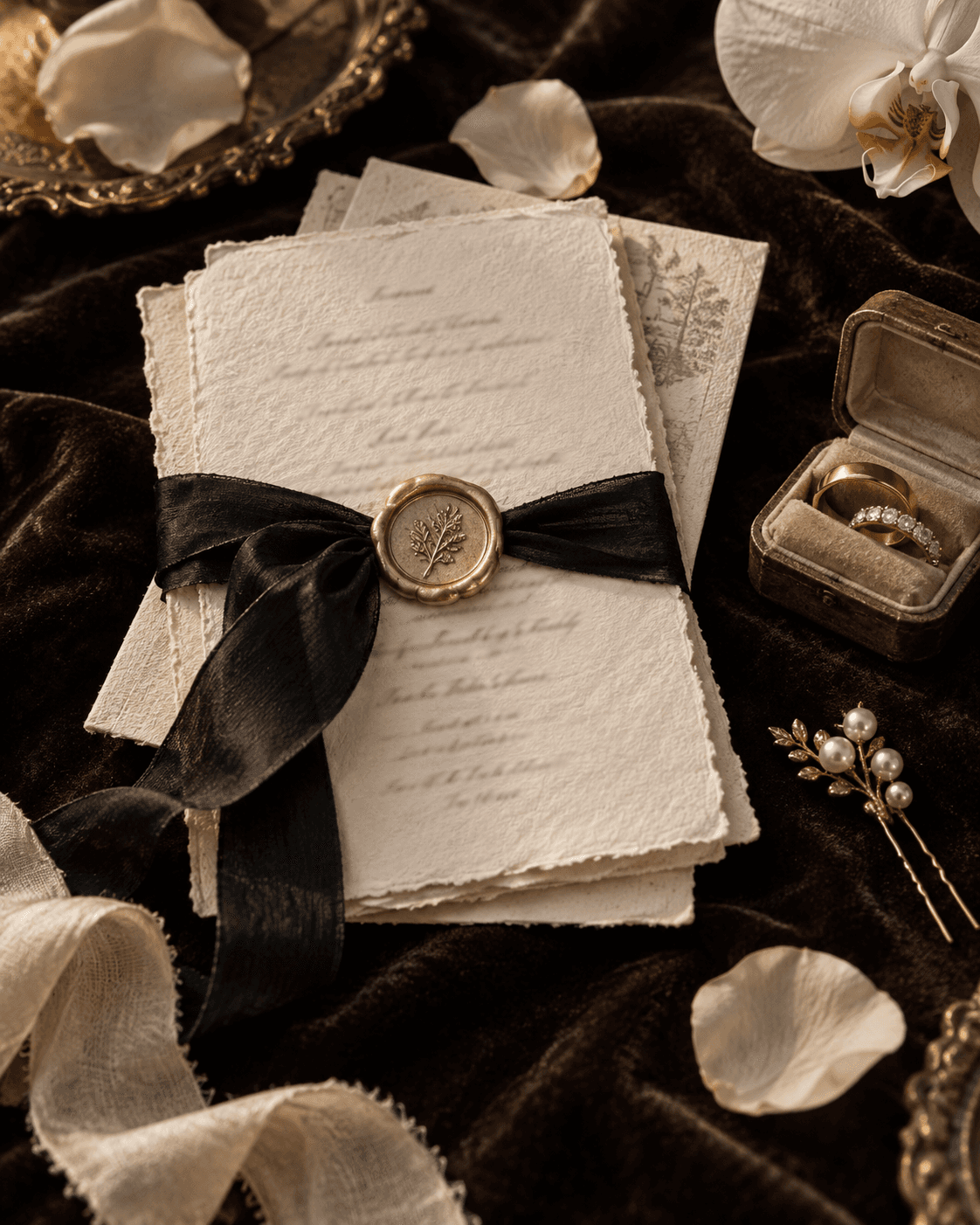 Handmade wedding stationery with rings and black silk