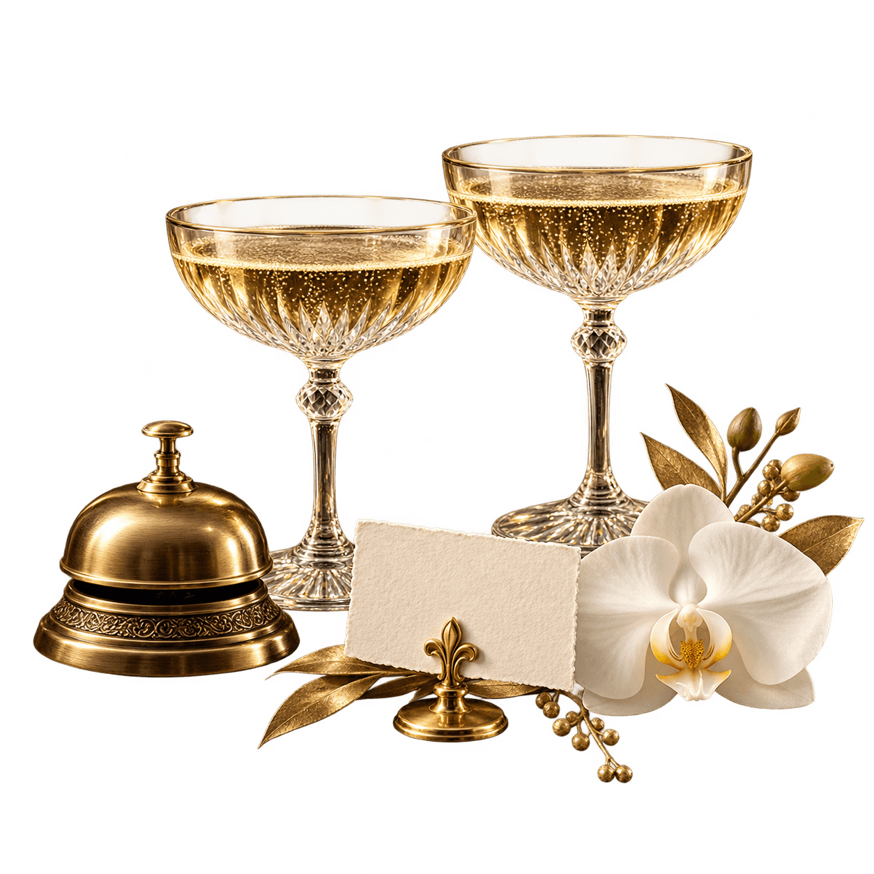 Champagne welcome with an antique bell, ivory place card and white orchid