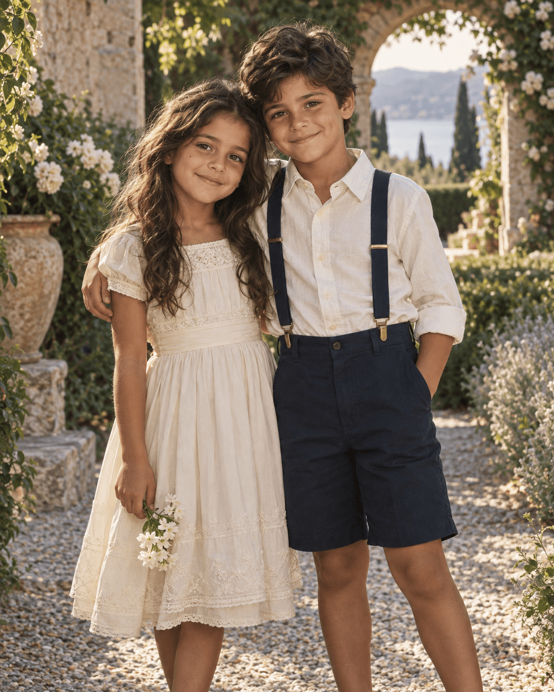 Adam and Sarah together as childhood friends in a Mediterranean garden