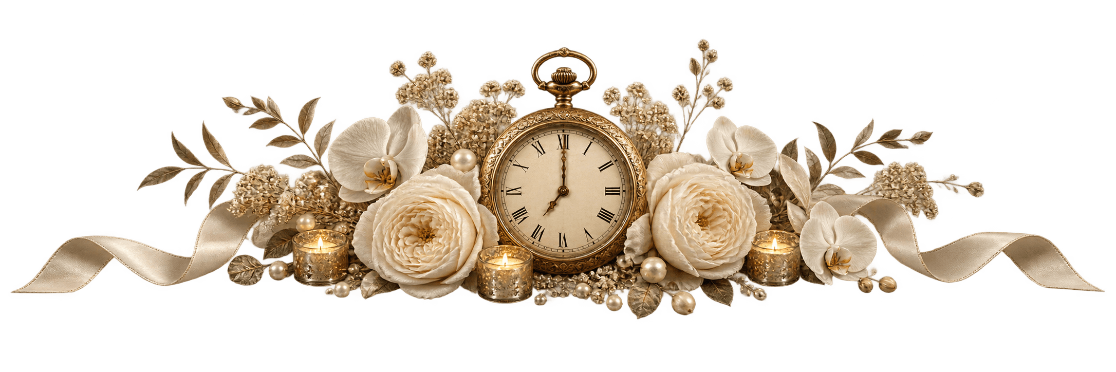 Antique pocket watch surrounded by ivory flowers and champagne ribbon