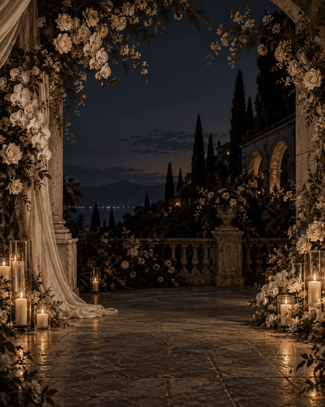 Candlelit European garden terrace framed by ivory roses and orchids