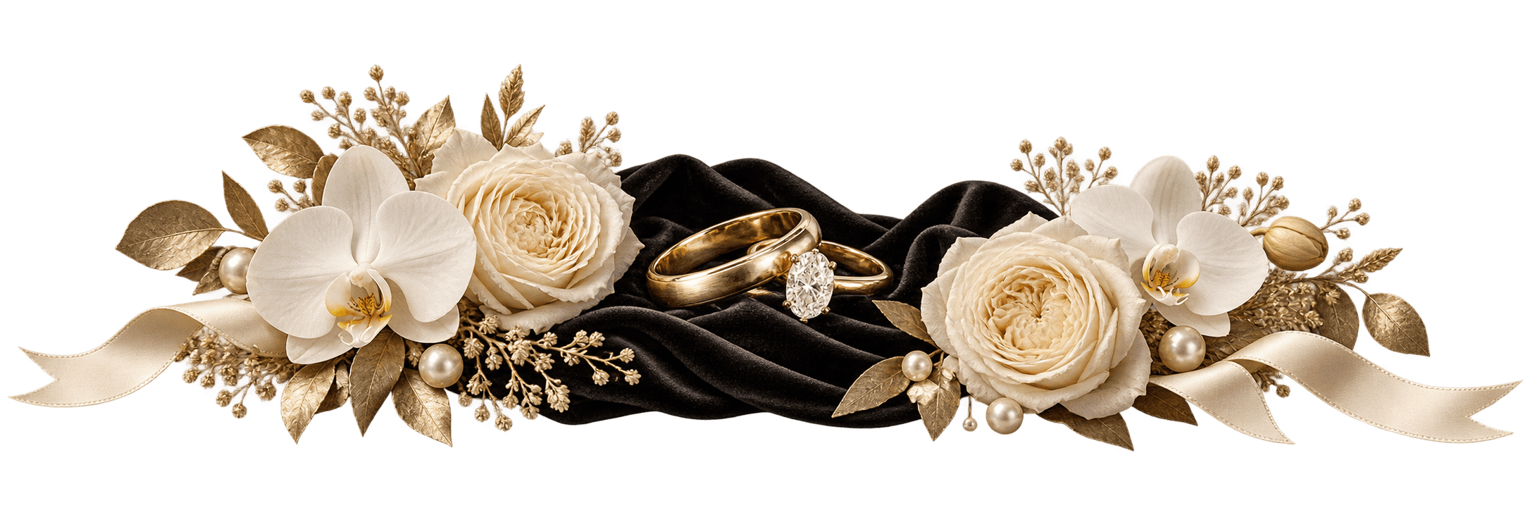 Wedding rings arranged with ivory flowers and black silk