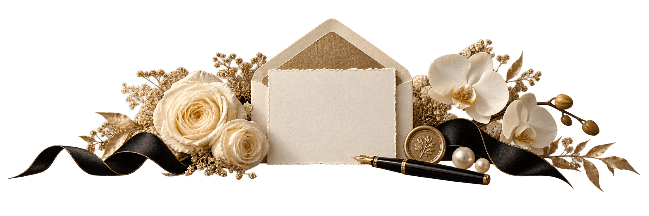 Handmade reply card, wax seal and fountain pen among ivory flowers